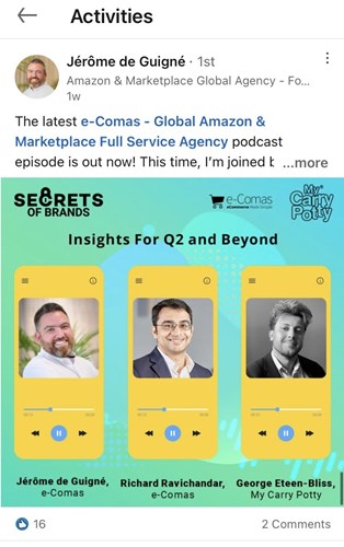 Screenshot of a LinkedIn post showing a podcast episode from e-Comas