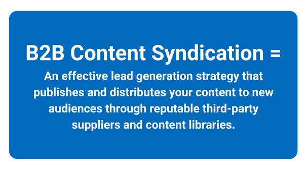 An image showing a definition for B2B content syndication which states " B2B content syndication is an effective lead generation strategy that publishes and distributes your content to new audiences through reputable third-party suppliers and content libraries."